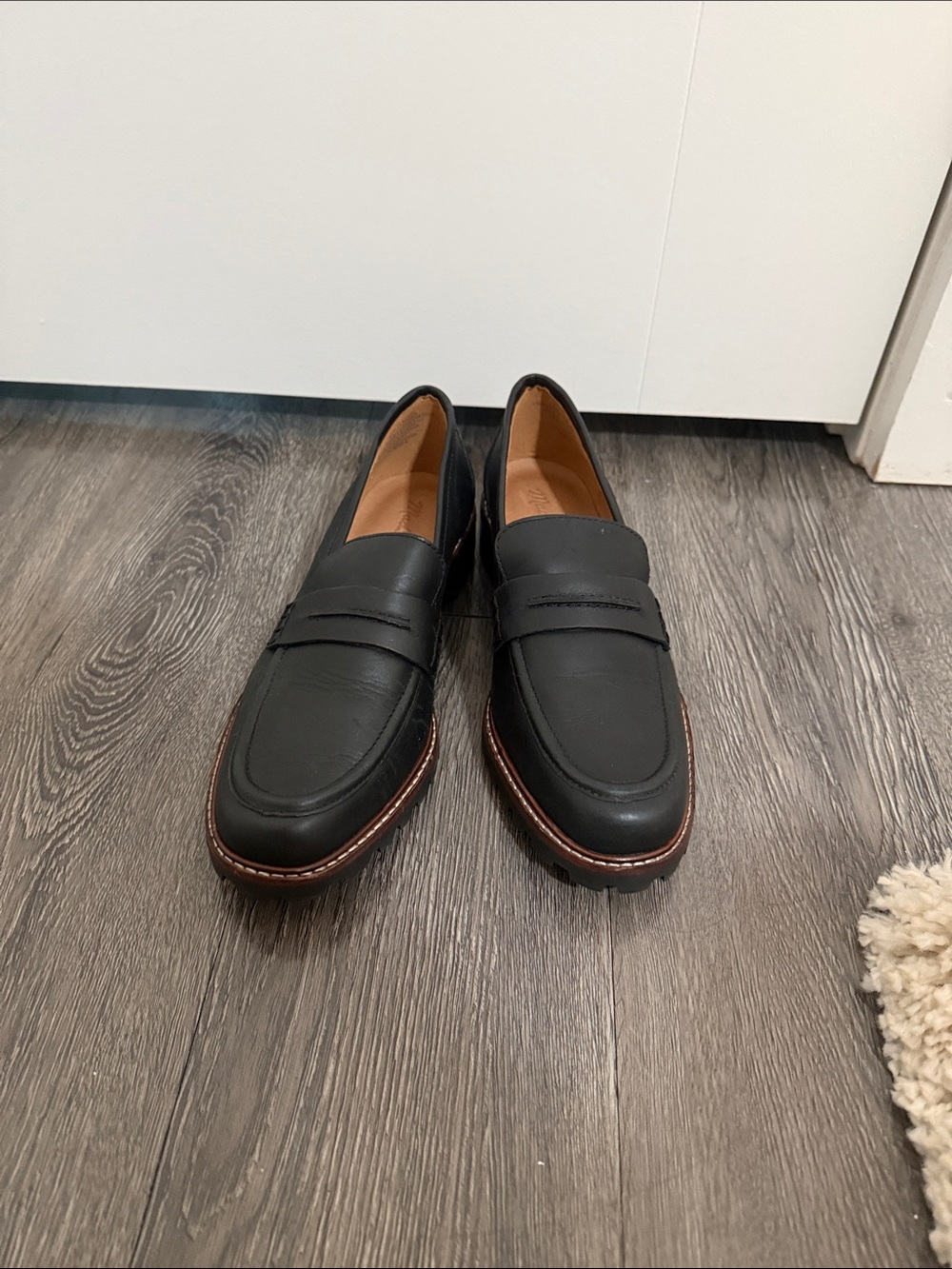 Madewell Black Leather Penny Loafers with Brown Trim